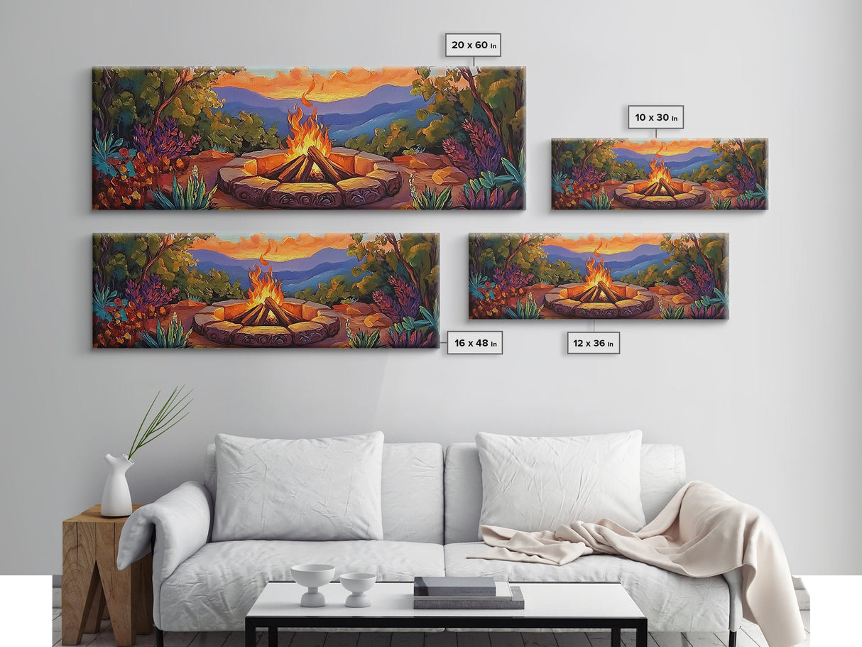 Mountain Campfire Glow, Forest Bonfire Scene, Sunset Wilderness Art, Canvas Print, Autumn Living Room Decor, Rustic Outdoor Vibe