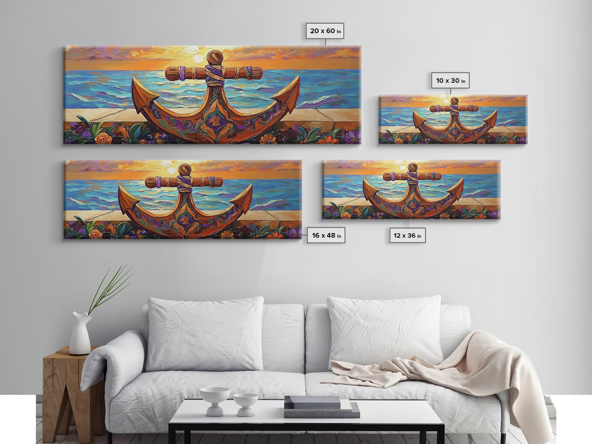 Anchor Seaside Art, Nautical Sunset, Framed Canvas Print, Coastal Home Decor, Ocean Lover Gift, Beach Living Room Wall Art