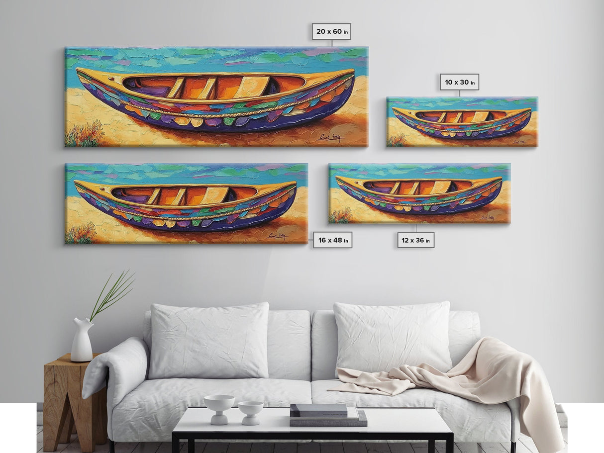Colorful Canoe Art, Vibrant Coastal Boat, Tropical Beach Vibes, Canvas Print, Boho Beach Decor, Nautical Wall Art, Bathroom Art