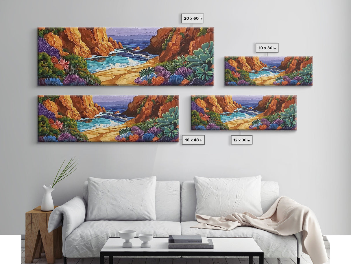 Hidden Cove Painting, Succulent Cliffside Beach, Colorful Ocean Art, Canvas Print, Desert Coastal Wall Art, Boho Nature Decor