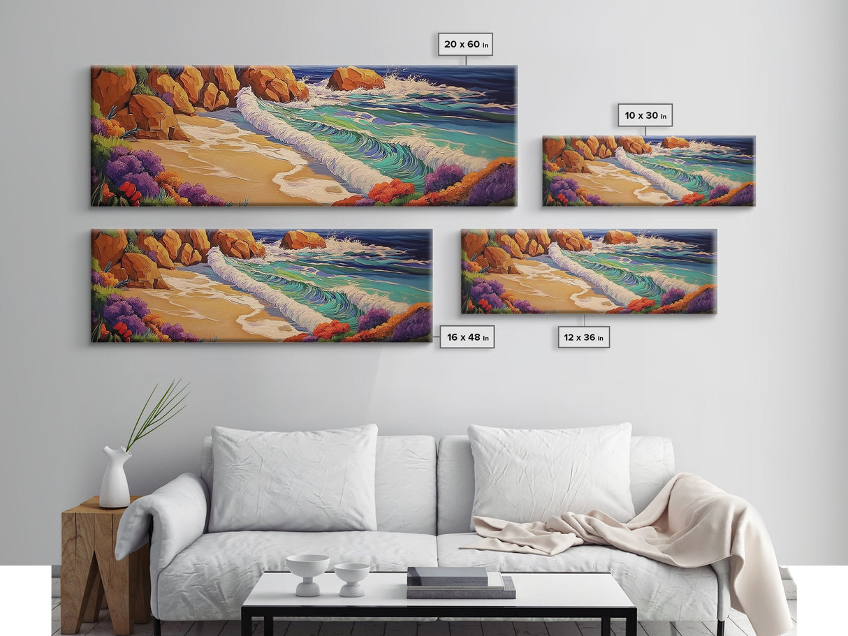 Ocean Waves Beach, Colorful Surf Art, Coastal Landscape, Seaside View, Canvas Print, Bathroom Wall Art, Nautical Theme, Vibrant Art