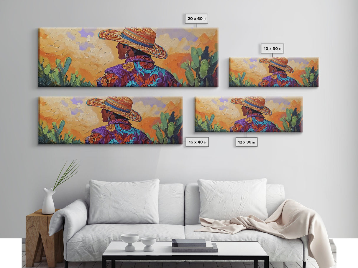 Mexican Cowboy, Sunset Western Portrait, Vibrant Hat Man, Desert Decor, Framed Canvas Print, Boho Art, Rustic Living Room Wall Art