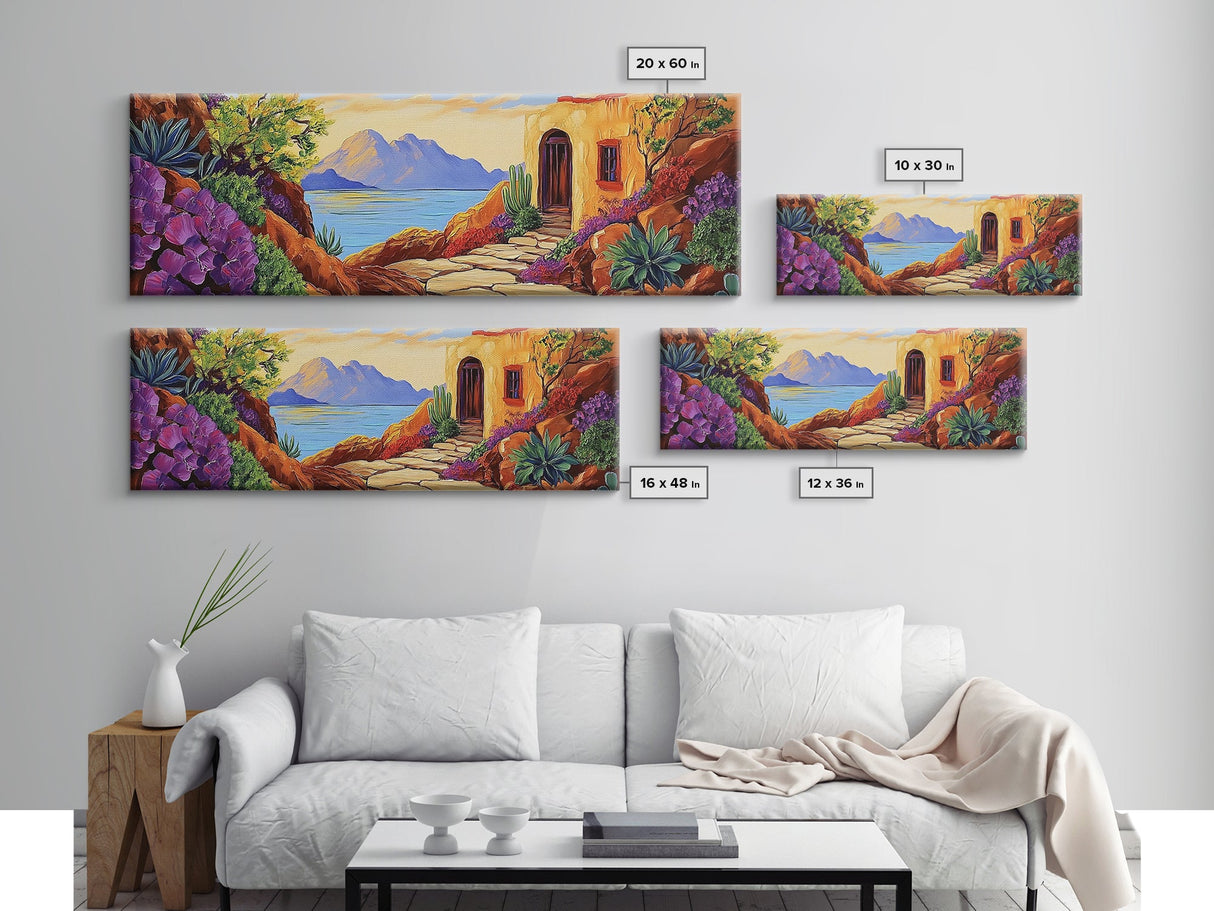 Adobe House View, Desert Coastal Path, Southwest Landscape, Mountain Ocean Art, Canvas Print, Kitchen Wall Art, Warm Boho Style