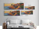 Seaside Villas, Coastal Cliff, Ocean Sunset, Framed Canvas Print, Beach House Art, Colorful Home Decor, Bold Tropical Landscape Art