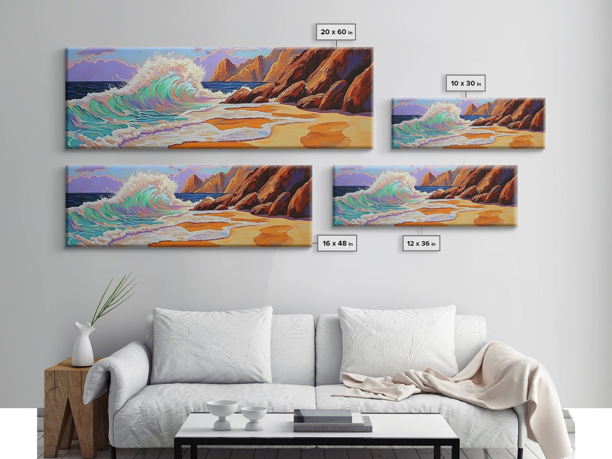 Crashing Wave, Coastal Shore, Sunset Beach, Framed Canvas Print, Ocean Wall Art, Beach Decor, Vibrant Surf Painting, Bathroom Art