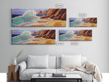 Crashing Wave, Coastal Shore, Sunset Beach, Framed Canvas Print, Ocean Wall Art, Beach Decor, Vibrant Surf Painting, Bathroom Art