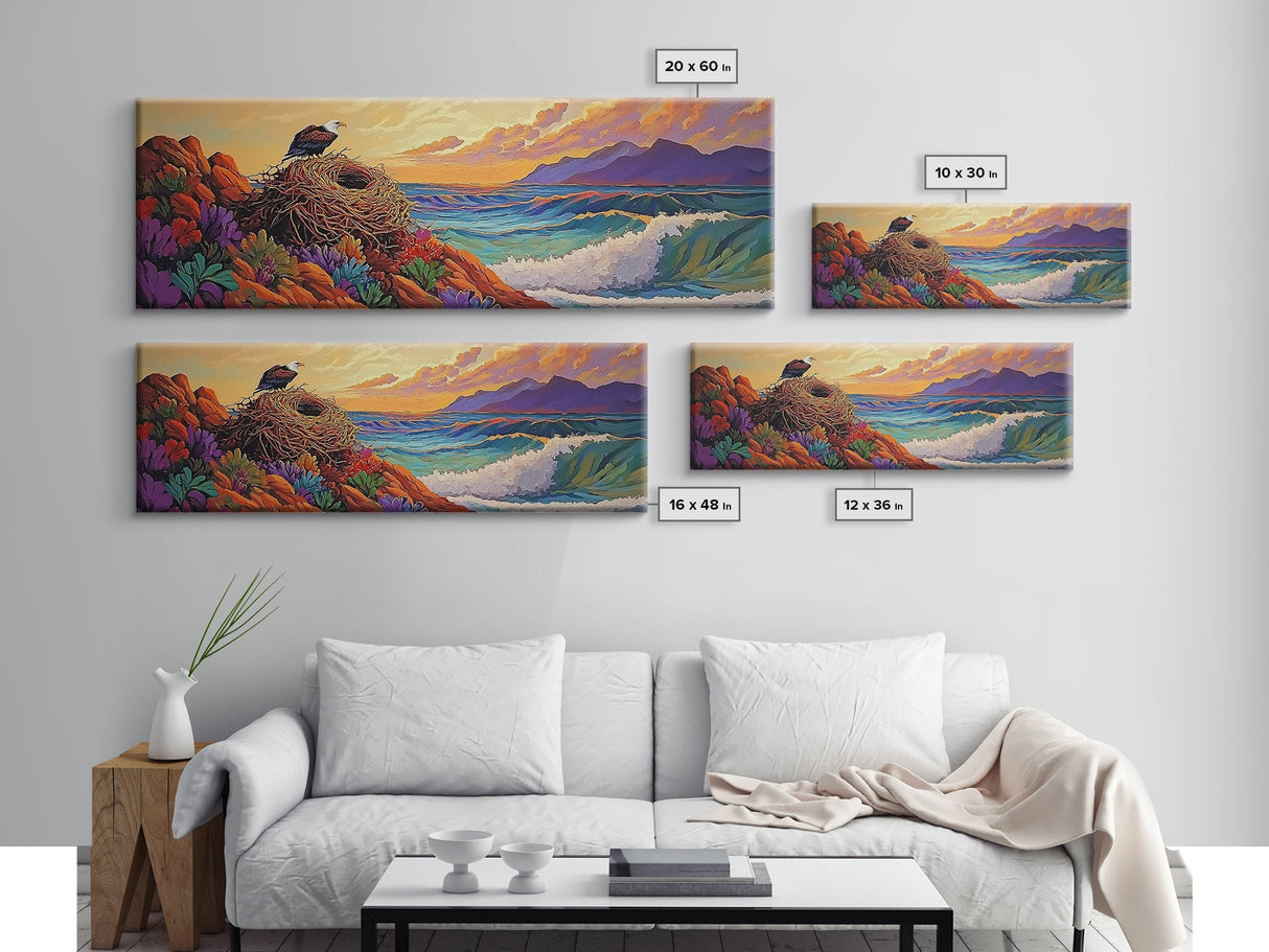 Eagle Nest Painting, Coastal Wildlife Scene, Framed Canvas Print, Ocean View Wall Art, Nature Lover Decor, Office or Living Room