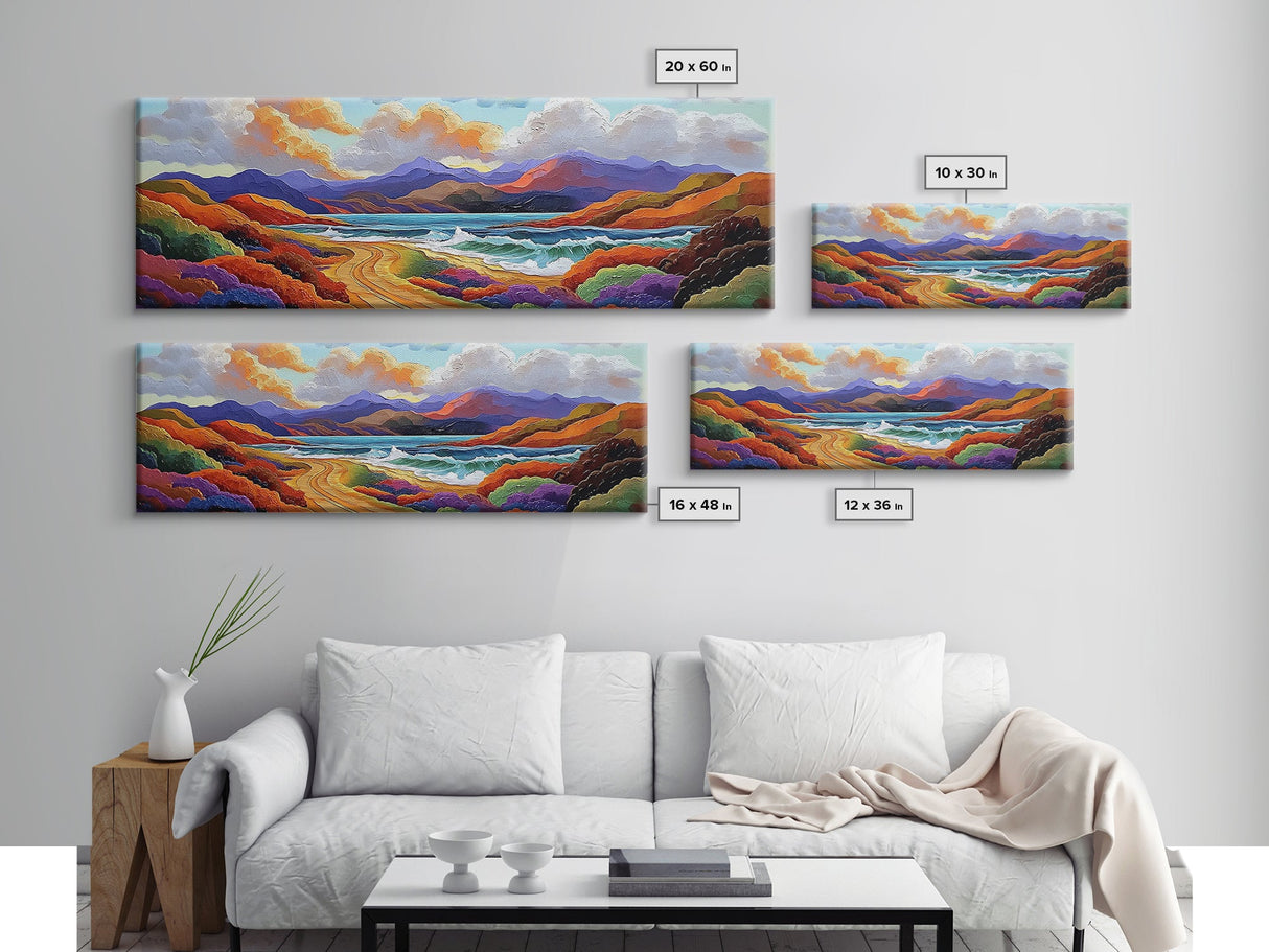 Colorful Mountains, Ocean Road, Vibrant Sunset, Framed Canvas Print, Scenic Nature Wall Art, Coastal Living Room Decor, Bold Art