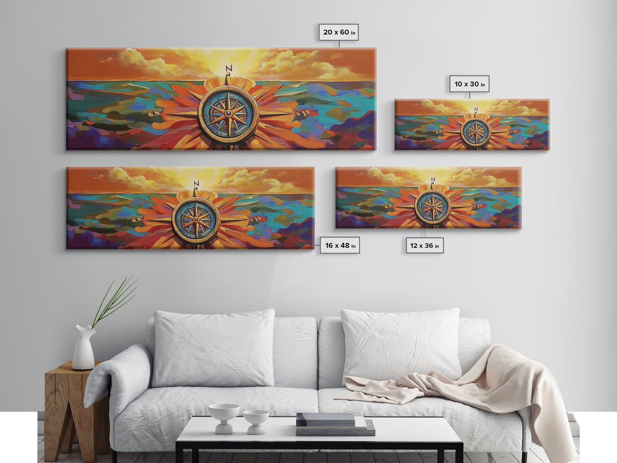 Compass Rose, Nautical Decor, Seafaring Art, Sunset Ocean, Framed Canvas Print, Beach House Art, Office Wall Art, Boho Travel Art