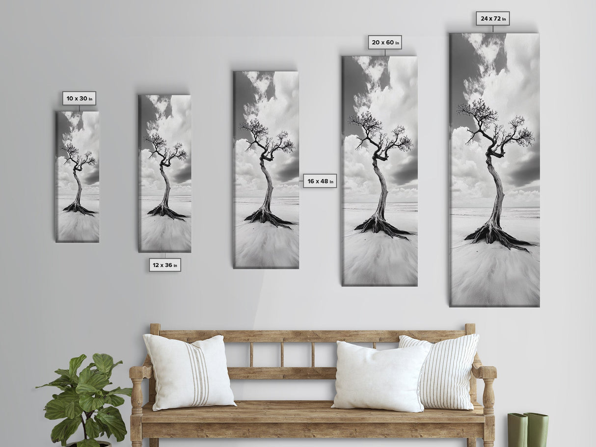 Solitary Tree, Beach Art, Surreal Landscape, Moody Wall Decor, Framed Canvas Print, Meditation Room Art, Monochrome Nature Style