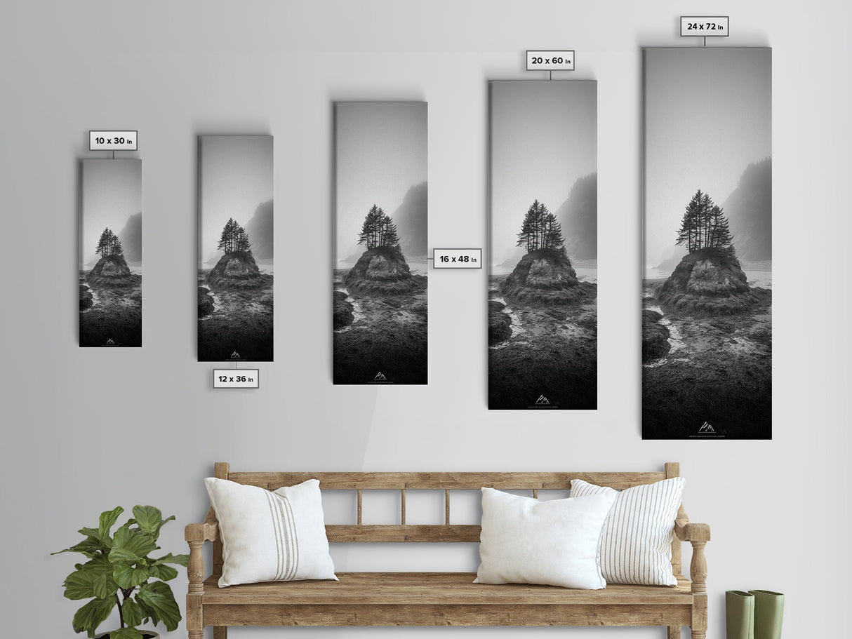 Foggy Island Trees, Pacific Northwest Nature, Moody Wall Art, Framed Canvas Print, Rustic Cabin Decor, Minimalist Forest Print