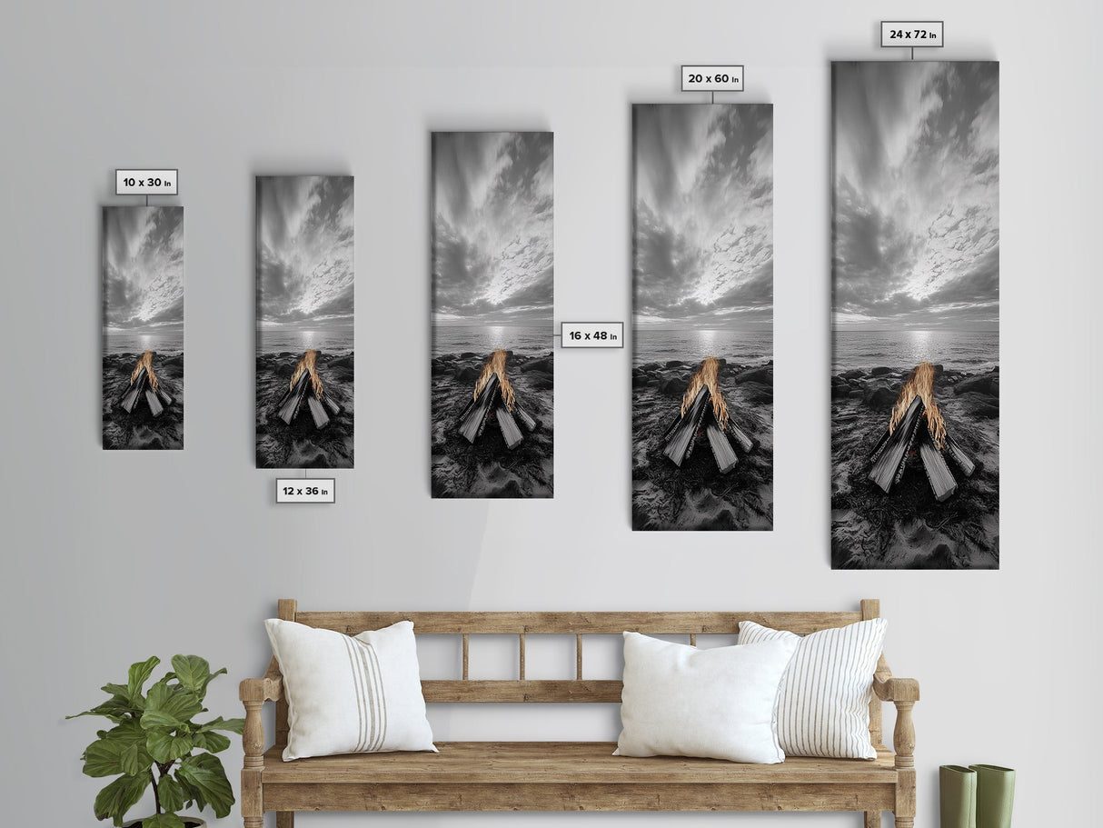 Beach Bonfire Glow, Coastal Campfire Art, Sunset Ocean Scene, Framed Canvas Print, Autumn Decor, Rustic Living Room Wall Art