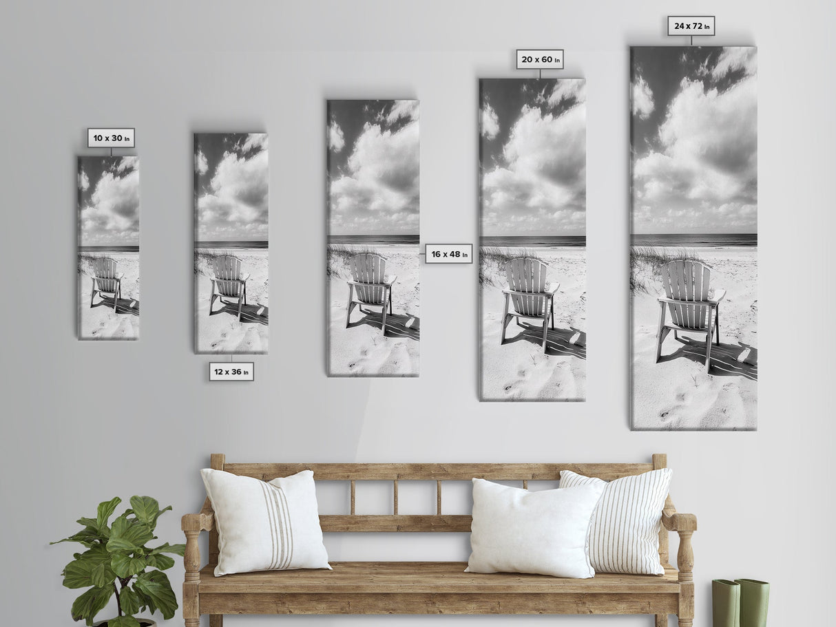 Ocean View Chair, Sandy Dunes, Seaside Retreat, Minimalist Beach, Calm Vibes, Framed Canvas Print, Bedroom Wall Art, Coastal Cottage Style