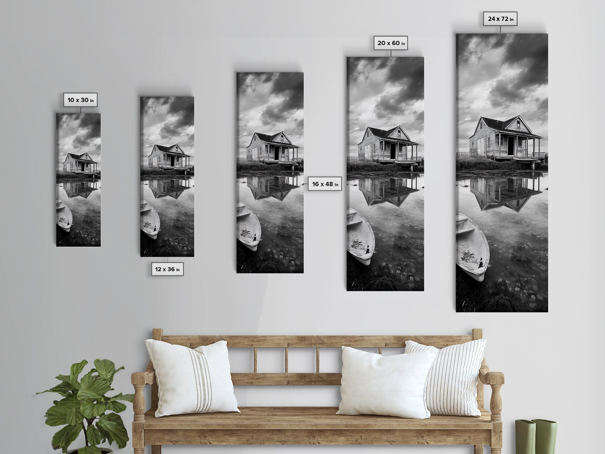 Weathered House, Abandoned Shack, Reflection Lake, Framed Canvas Print, Rustic cabin wall art, Fall entryway decor, Moody farmhouse aesthetic
