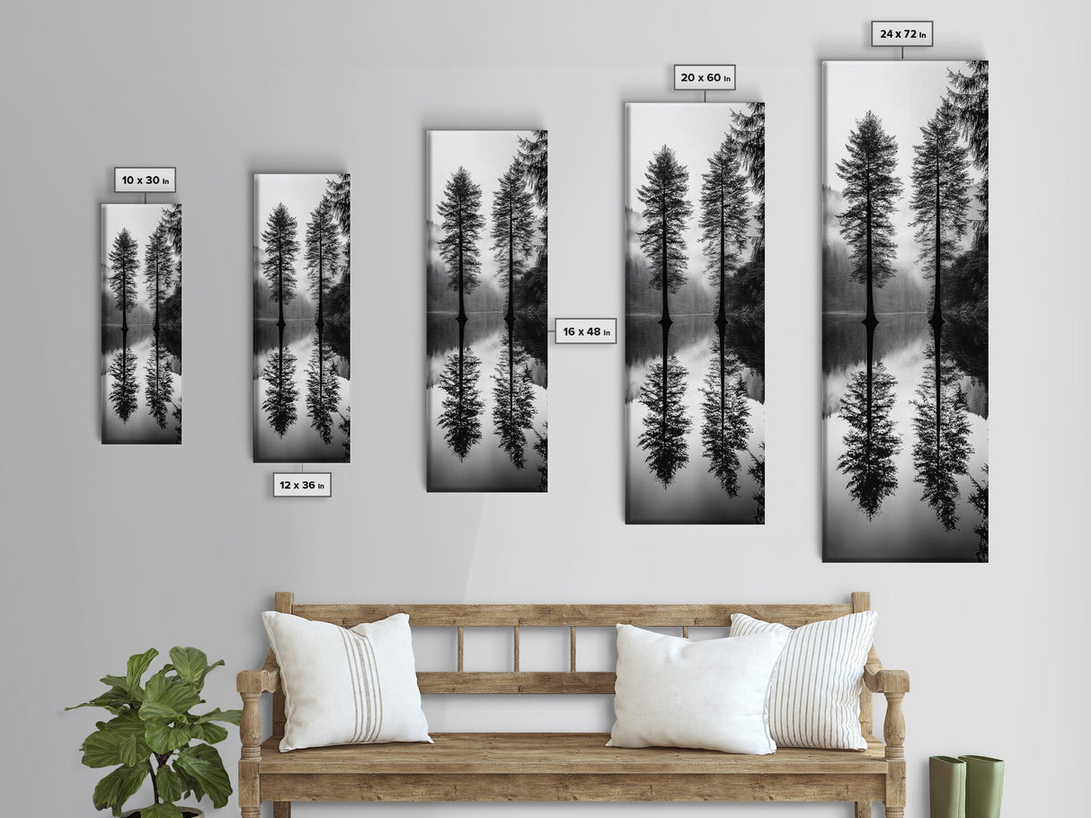 Twin Pines, Forest Reflection, Misty Lake, Black and White Nature, Framed Canvas Print, Living Room Wall Art, Nature Photography, Zen Decor