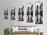 Twin Pines, Forest Reflection, Misty Lake, Black and White Nature, Framed Canvas Print, Living Room Wall Art, Nature Photography, Zen Decor