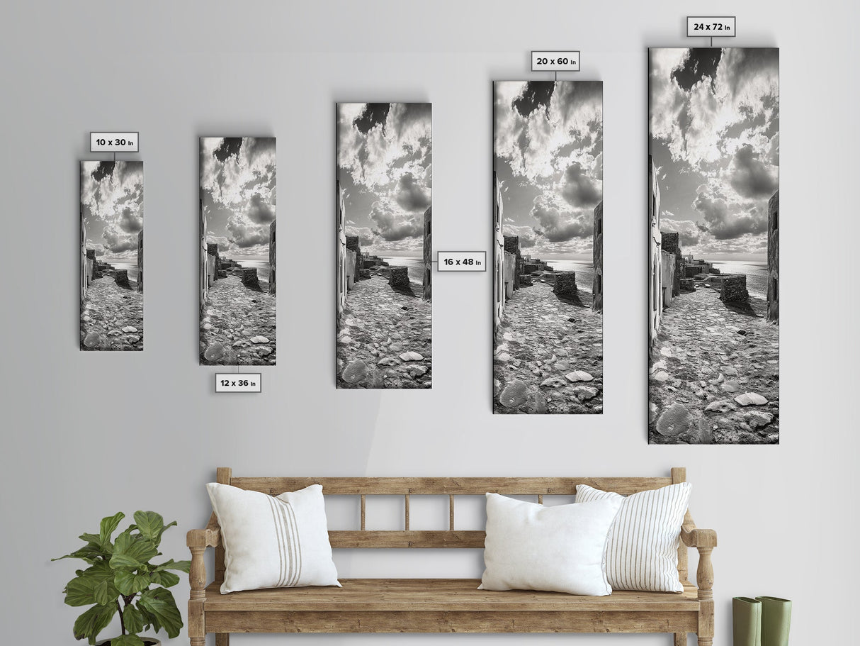 Coastal Street, Ocean View, Mediterranean Charm, Monochrome Photography, Framed Canvas Print, Living Room Print, Kitchen Wall Art