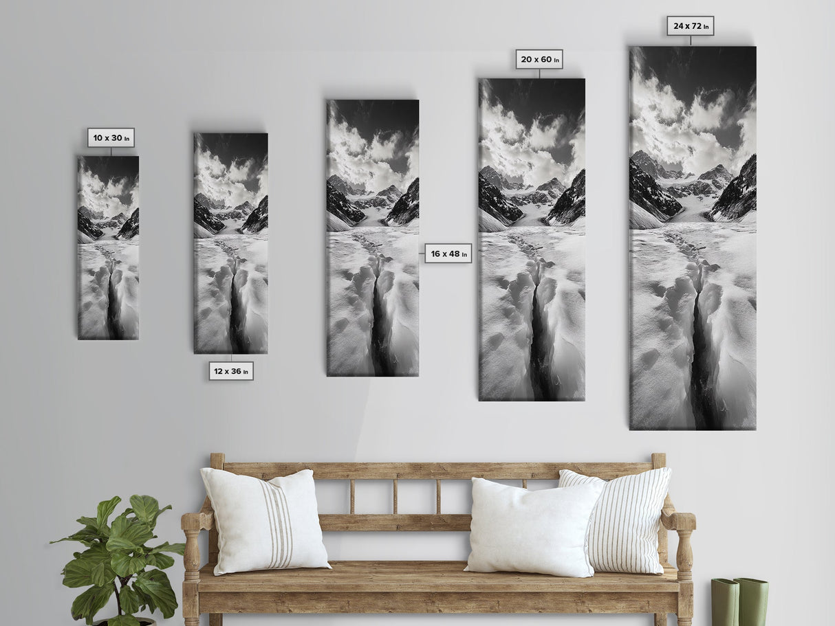 Glacier Trail, Snowy Valley, Black and White Mountain Art, Crevasse Texture, Canvas Print, Winter Landscape, Office Print, Entry Wall Art