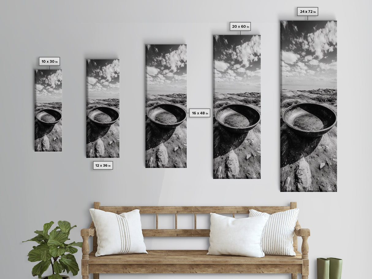 Desert Bowl, Coastal Landscape, Black and White Texture, Minimal Earth Tones, Framed Canvas Print, Rustic Farmhouse Kitchen Wall Art