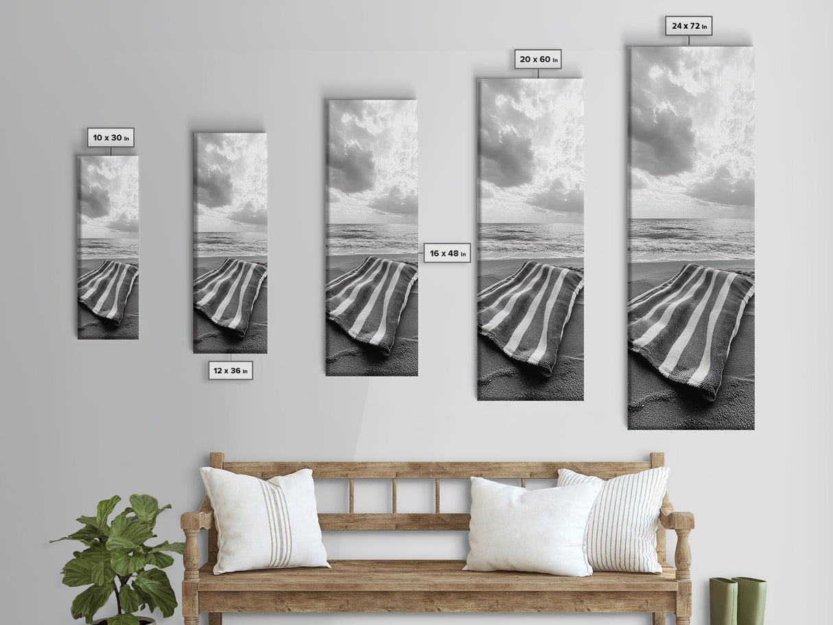 Beach Towel View, Ocean Breeze, Seaside Calm, Striped Blanket, Relaxation Mood, Framed Canvas Print, Bathroom Wall Art, Minimalist Coastal Art