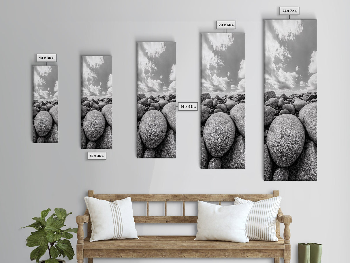 Granite Boulders, Coastal Rocks, Ocean Horizon, Dramatic Clouds, Framed Canvas Print, Nature Wall Art, Modern Beach House Decor