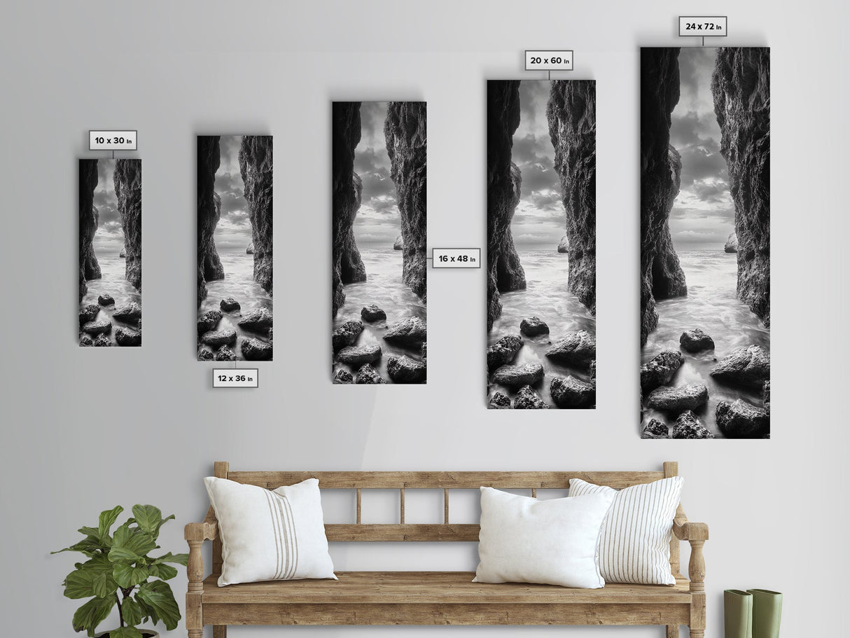 Rocky Passage, Seaside View, Cave Entrance, Dramatic Nature Scene, Framed Canvas Print, Moody Black and White Bedroom Wall Art, Hallway Decor