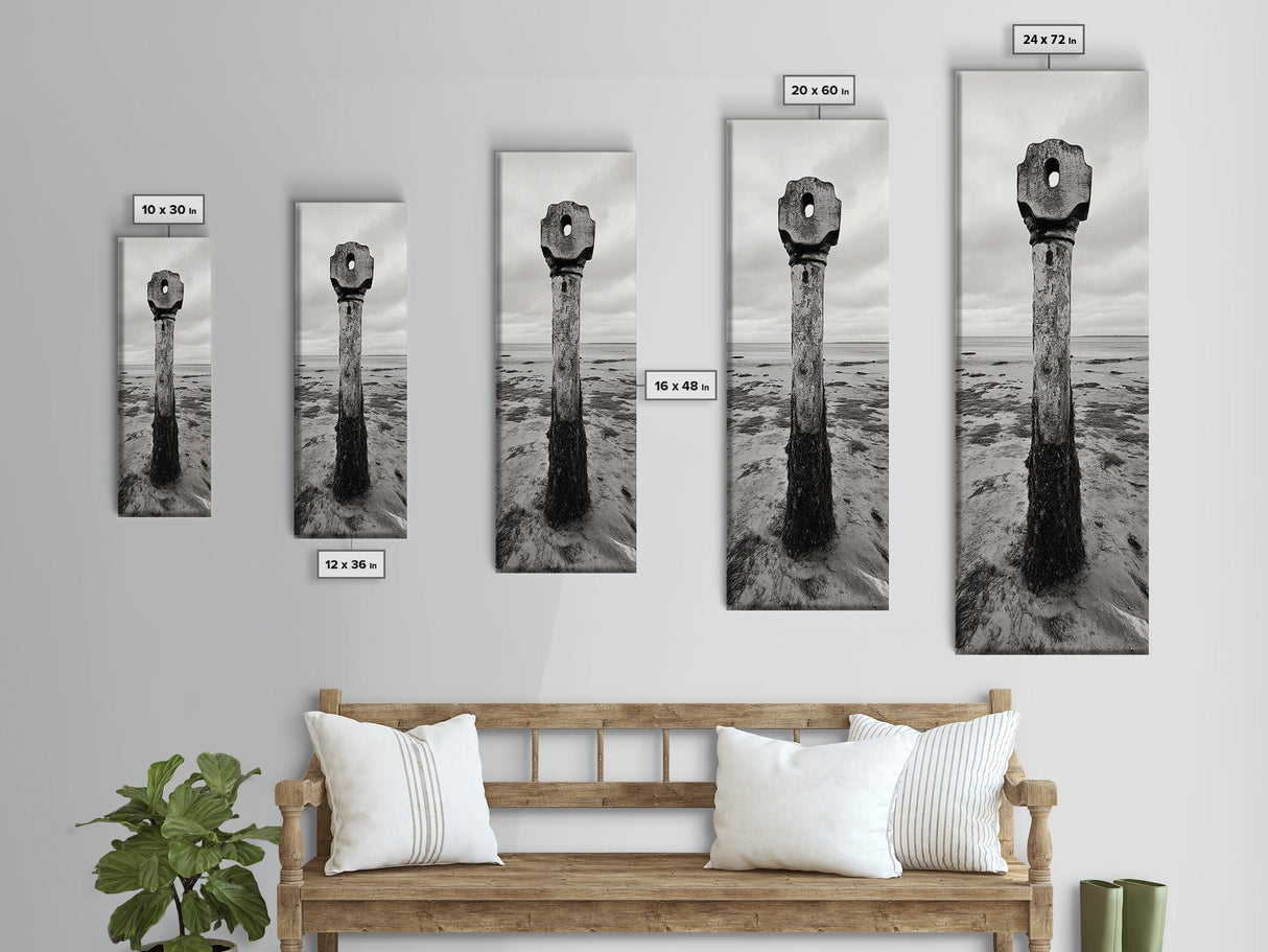 Driftwood Totem, Coastal Pillar, Ocean Beach Monochrome, Framed Canvas Print, Rustic Wall Art, Boho Bedroom Decor, Nature Photography