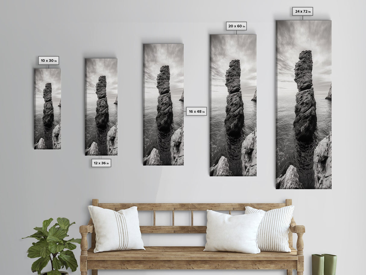 Coastal Rock, Ocean Tower, Nature Photography, Framed Canvas Print, Minimalist Wall Decor, Living Room Wall Art, Black and White Seascape