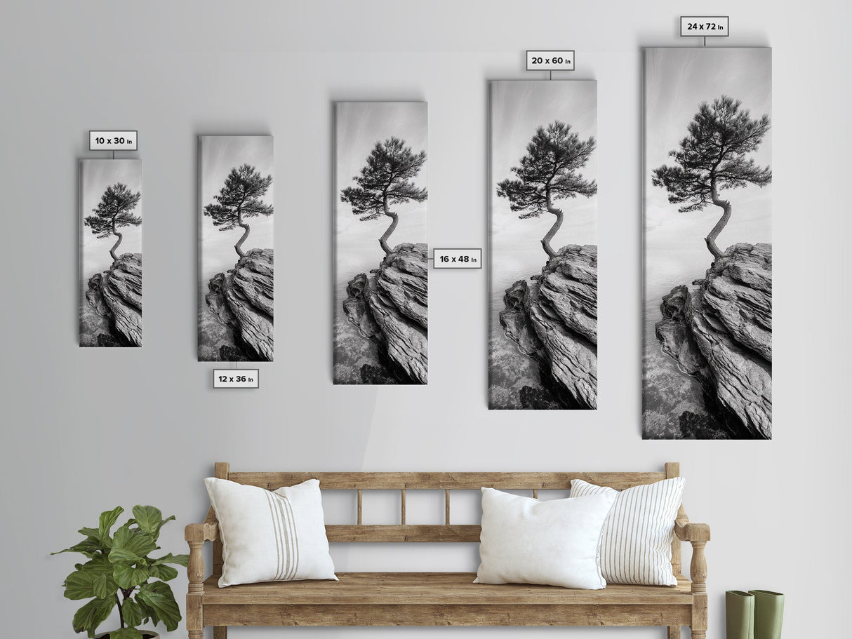 Lone Pine Tree, Minimal Nature, Tranquil Cliff Scene, Zen Forest Print, Framed Canvas Print, Japandi Wall Art, Entryway Tree Print, Nature Minimalism