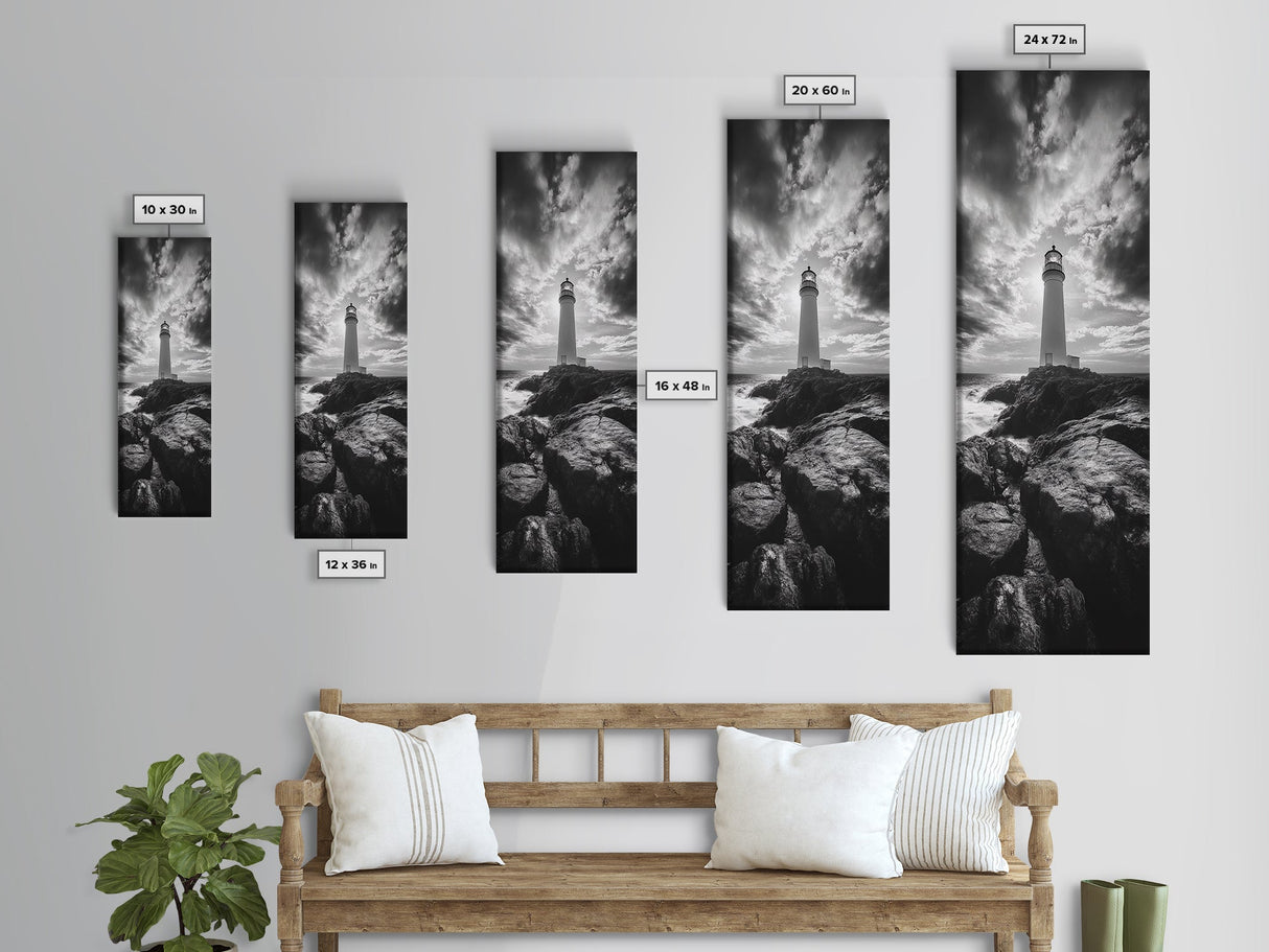 Coastal Beacon, Nautical Light, Ocean Landscape, Sunset Sky, Lighthouse Photography Framed Canvas Print, Living Room Nautical Wall Art