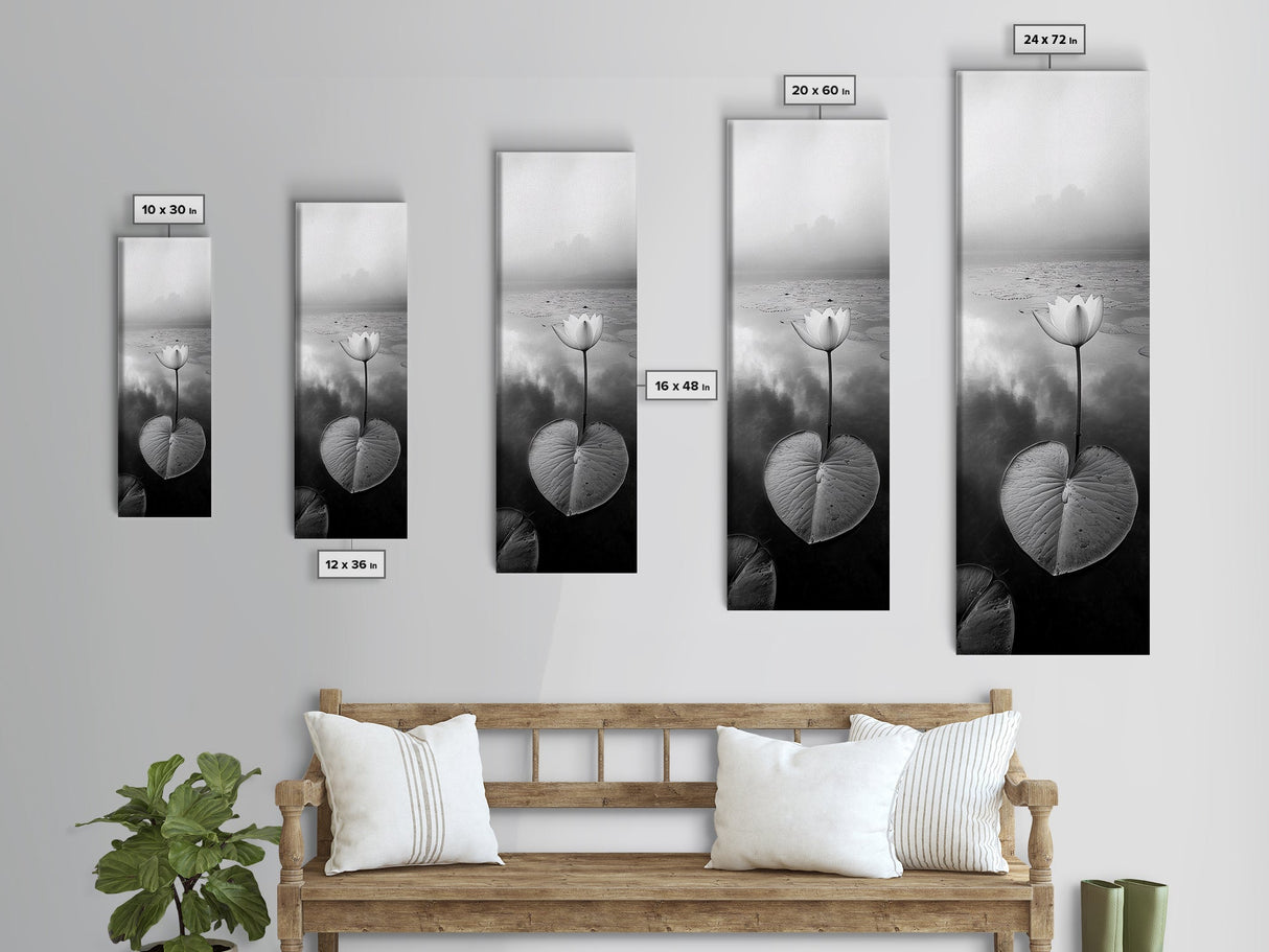 Minimalist Lotus, Zen Flower, Misty Pond, Tranquil Nature, Monochrome Botanical Framed Canvas Print, Bedroom Meditation Wall Decor
