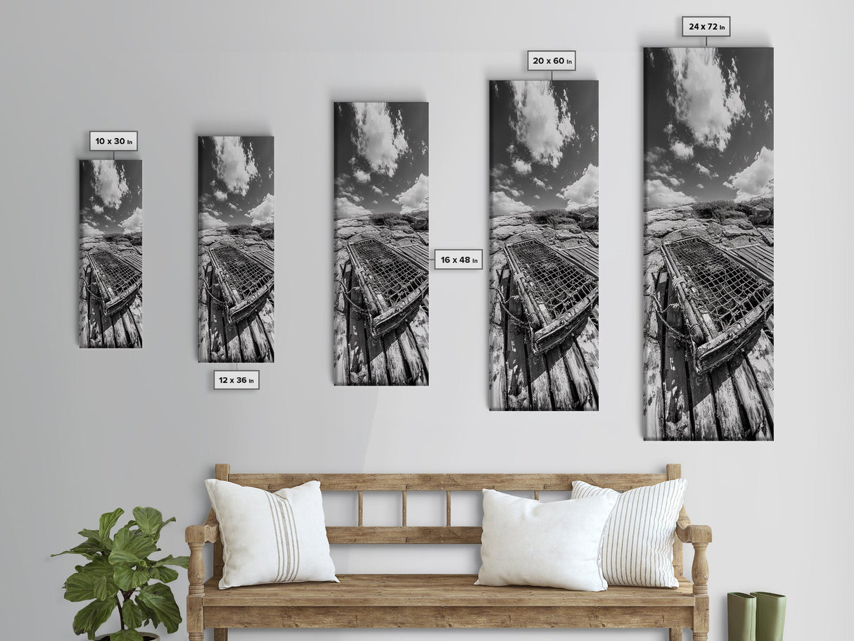 Weathered Trap, Lobster Fishing, Coastal Netting, Ocean Life, Rustic Seaside Framed Canvas Print, Beach House Nautical Wall Art