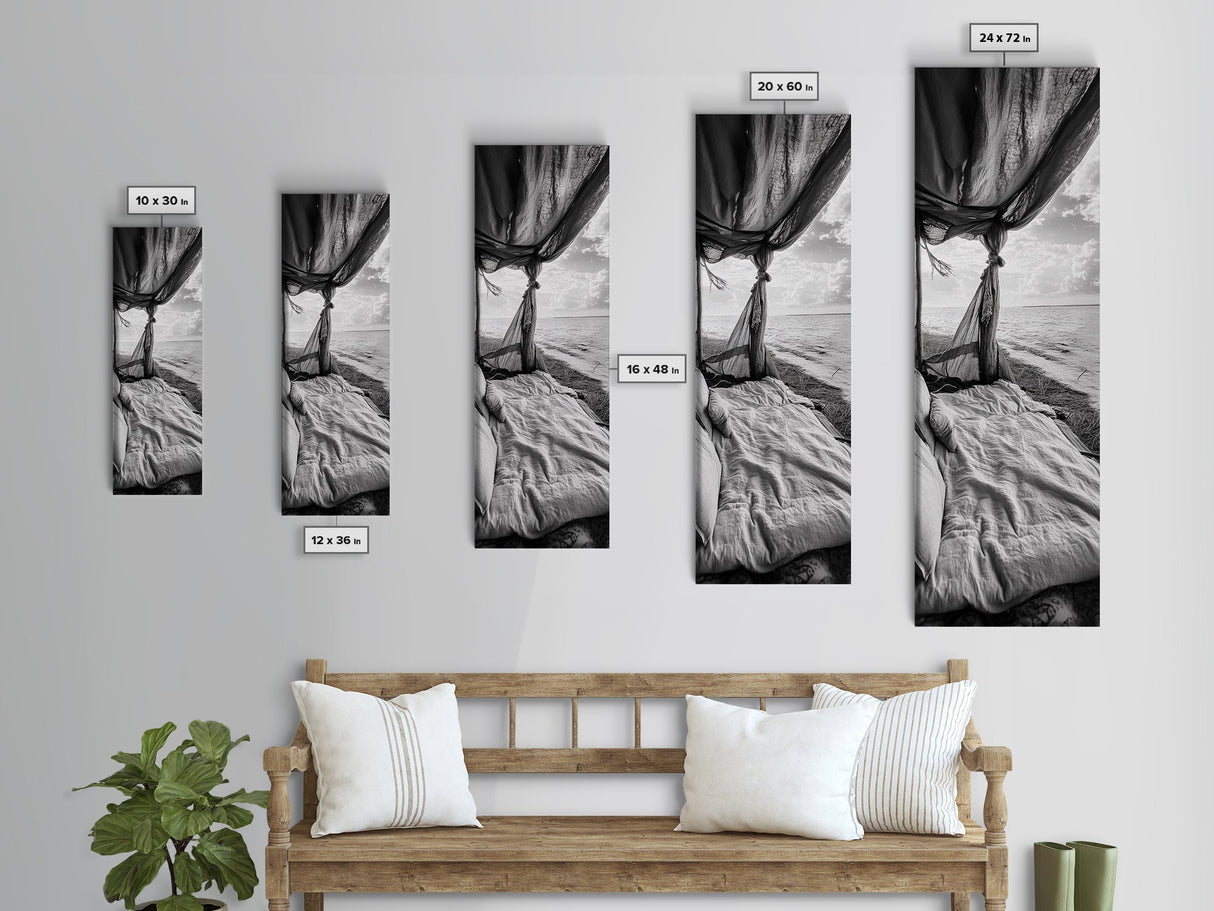 Coastal Bed View, Ocean Canopy, Seaside Rest, Framed Canvas Print, Boho Bedroom Wall Art, Rustic Beach Photography, Nature Retreat Decor