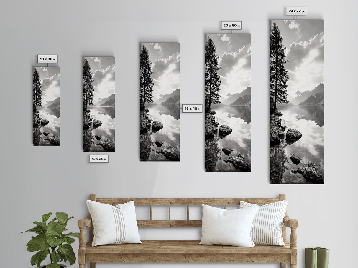 Mountain Lake Peace, Still Water View, Nature Escape, Framed Canvas Print, Living Room Wall Art, Nordic Cabin Decor, Minimal Landscape