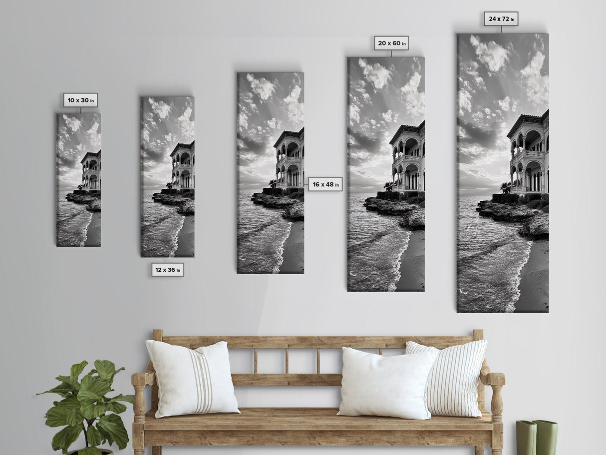 Italian Villa Coast, Seaside Architecture Print, Elegant Travel Decor, Framed Canvas Print, Dining Room Wall Art, Monochrome
