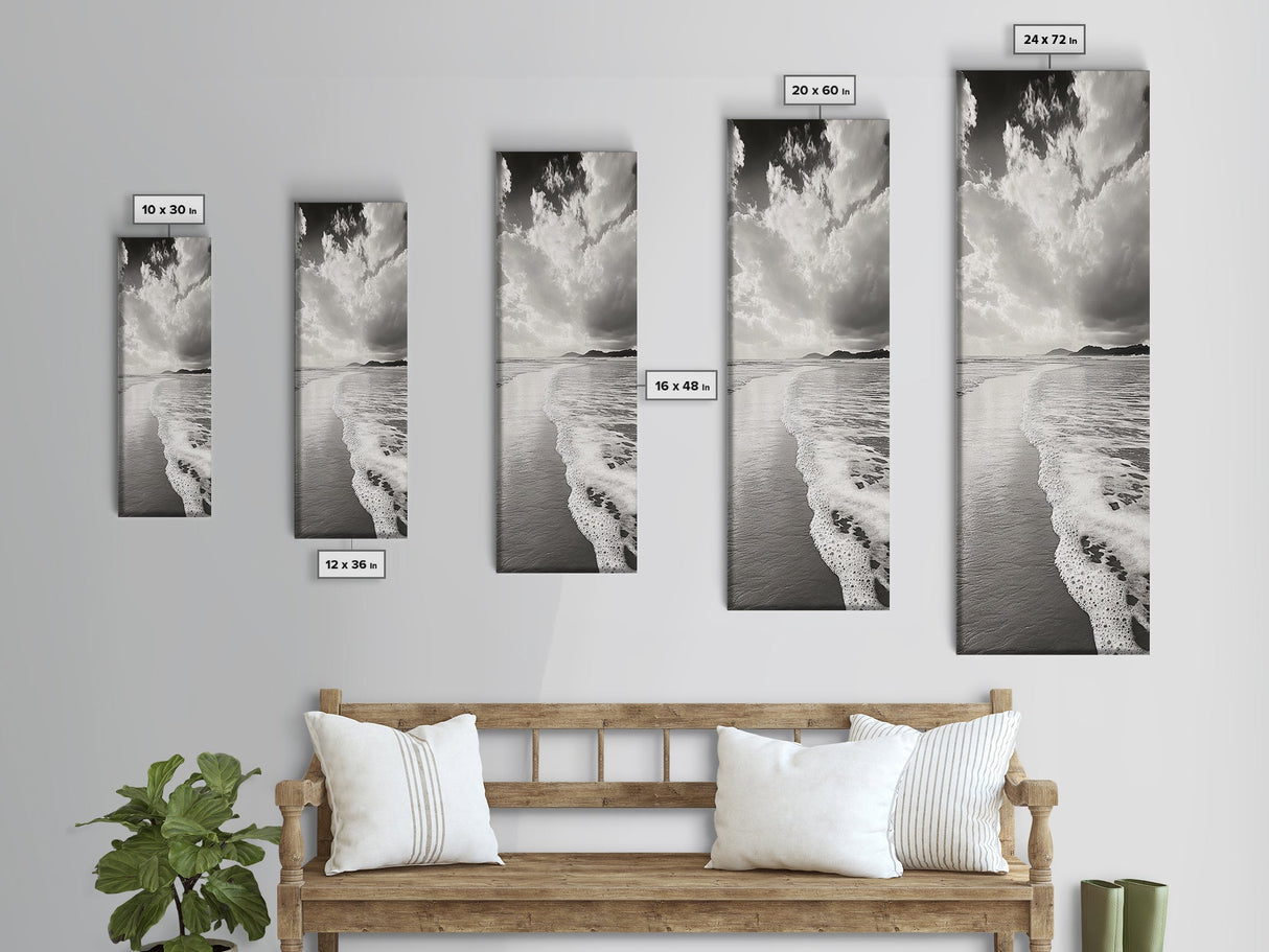 Beach Horizon, Ocean Calm, Foamy Shore, Black White Coastal Art, Canvas Print, Bathroom Decor, Peaceful Coastal Minimalist Style