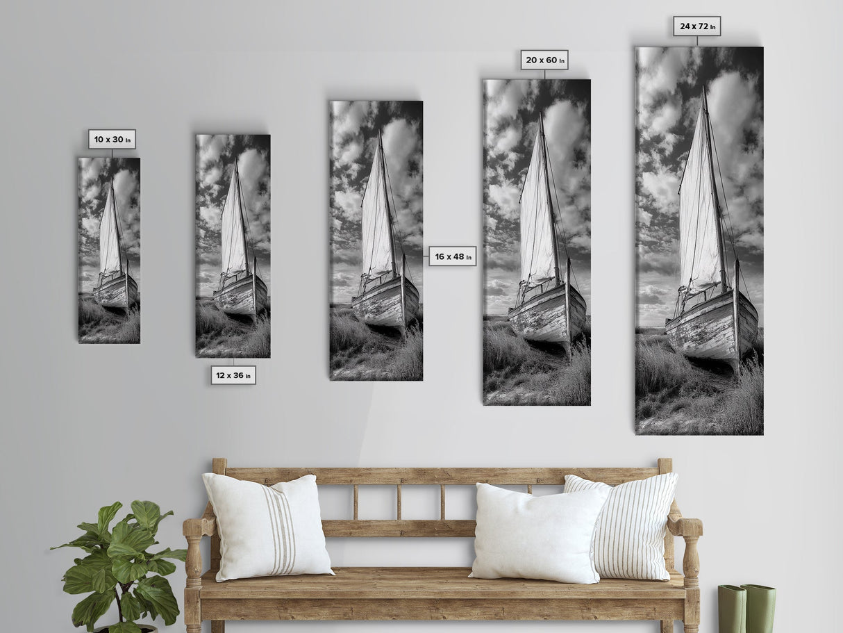 Weathered Sailboat Scene, Coastal Rustic Charm, Seafaring Wall Decor, Framed Canvas Print, Nautical Bathroom or Hallway Art, Ocean Decor