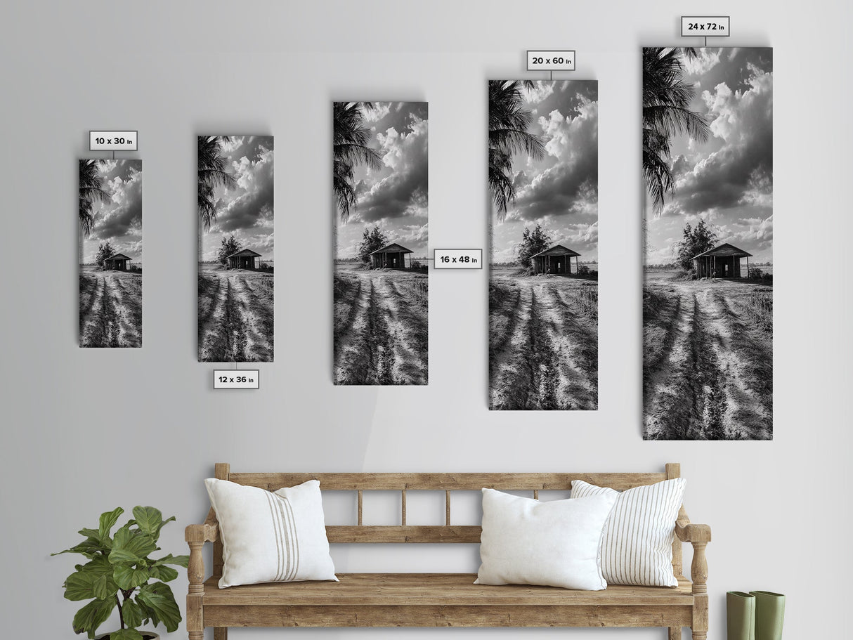 Rustic Cabin, Countryside Road, Farm Field, Palm Trees, Framed Canvas Print, Farmhouse Entryway Wall Art, Fall Landscape,  Den Wall Art
