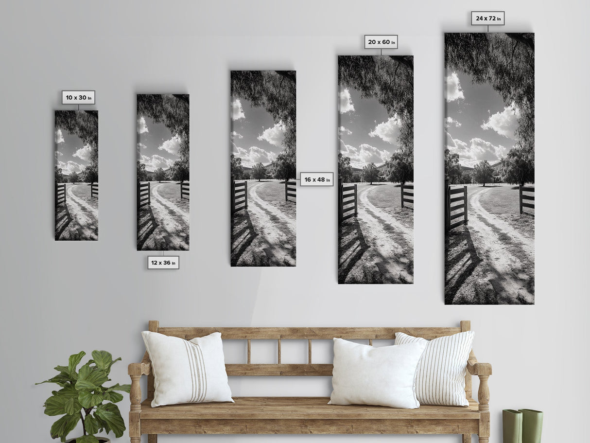 Country Road, Wooden Fence, Open Fields, Tree Shadows, Canvas Print, Rustic Farm Wall Art, Minimalist Nature Photography, Entryway Home Decor