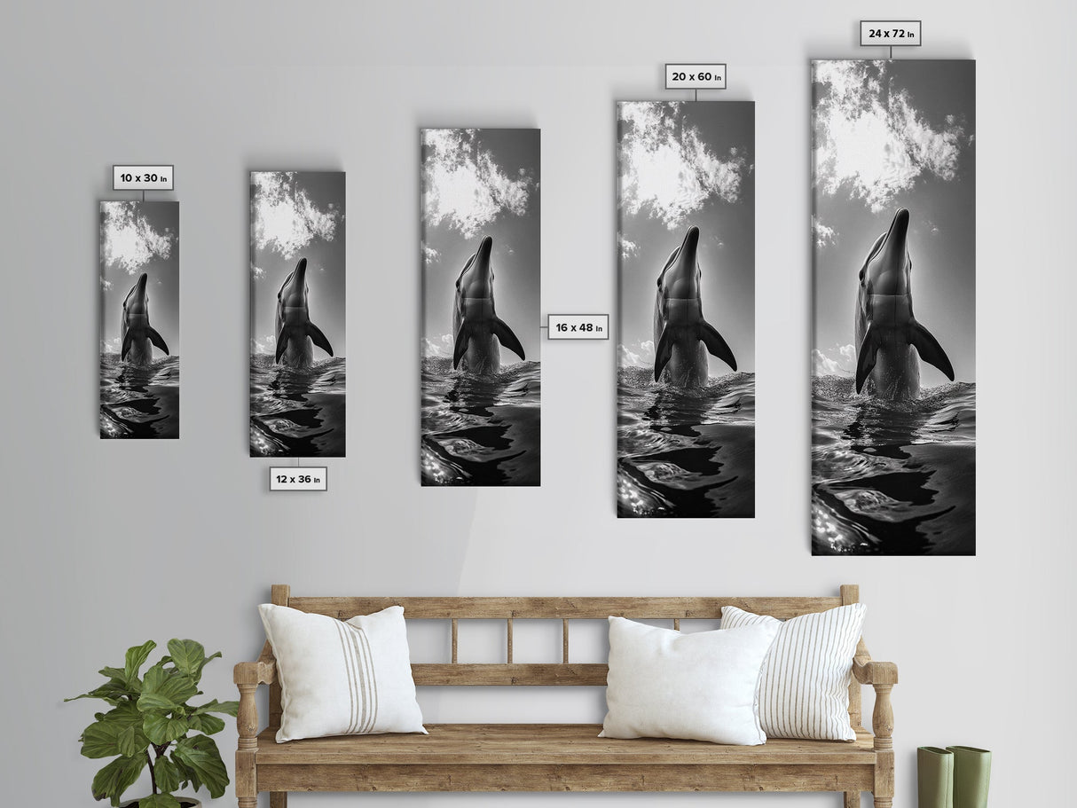 Dolphin Splash, Ocean Play, Marine Wildlife, Canvas Print, Coastal Bathroom Wall Art, Animal Lover Decor, Minimalist Ocean Scene