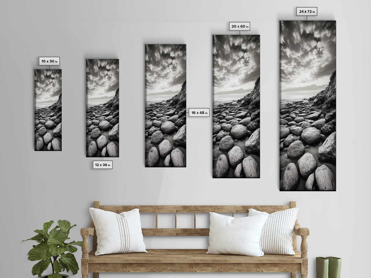 Coastal Stones, Rocky Shore, Sunrise Ocean, Black White Print, Framed Canvas Print Beach House Decor, Entryway Art, Nautical Minimalist Wall Art
