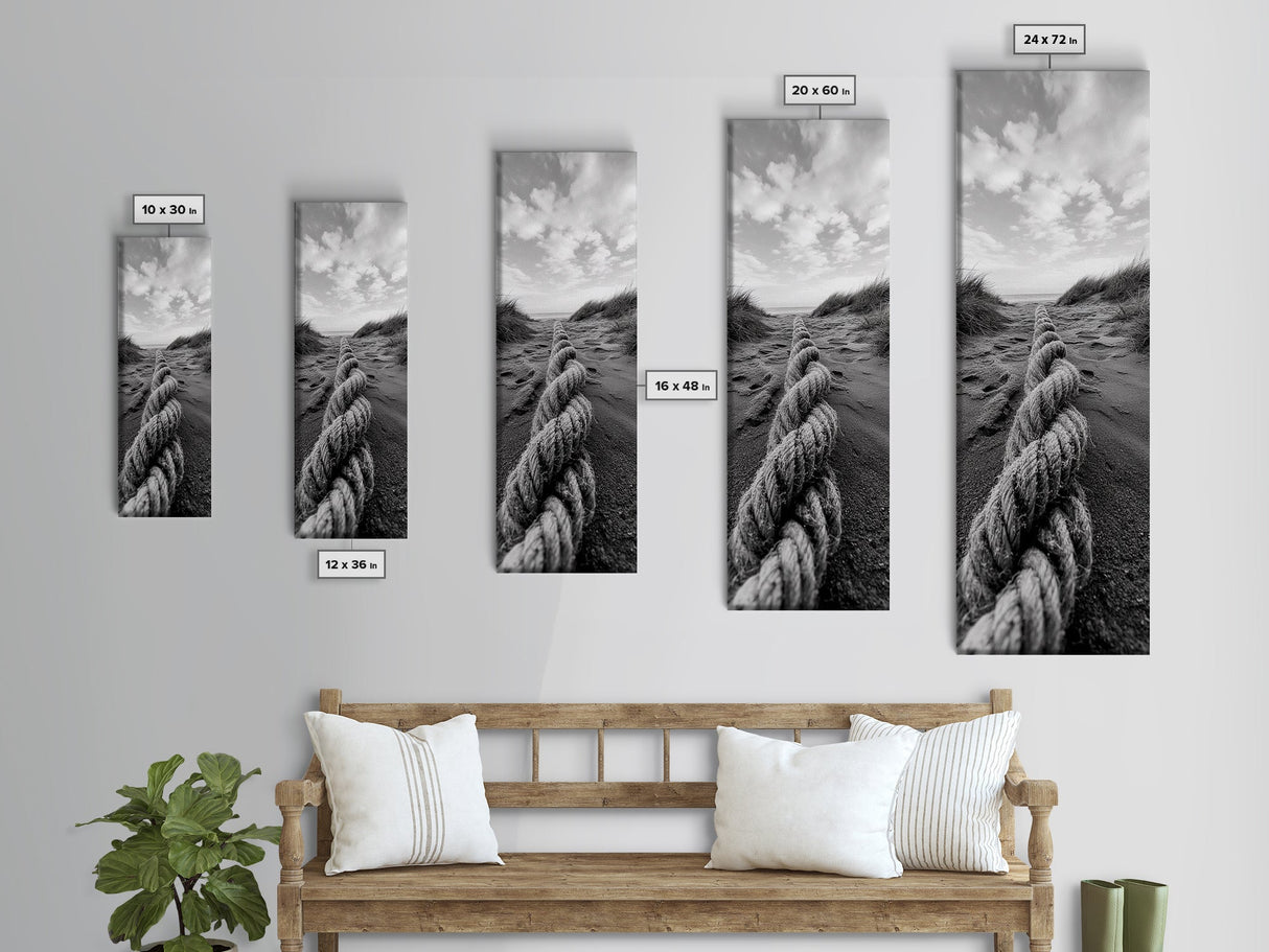 Rope in Sand, Beach Path Perspective, Coastal Journey, Framed Canvas Print, Bathroom Wall Art, Seaside Style, Minimalist Nautical Scene