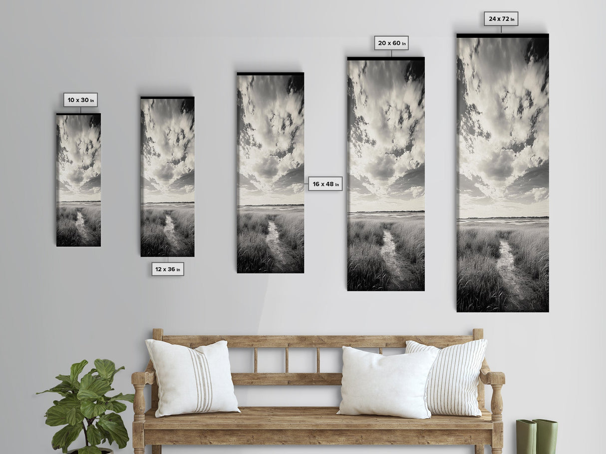 Marshland Pathway, Coastal Grassland Art, Nature Wall Decor, Calm Landscape Style, Framed Canvas Print, Neutral Tones Minimalist