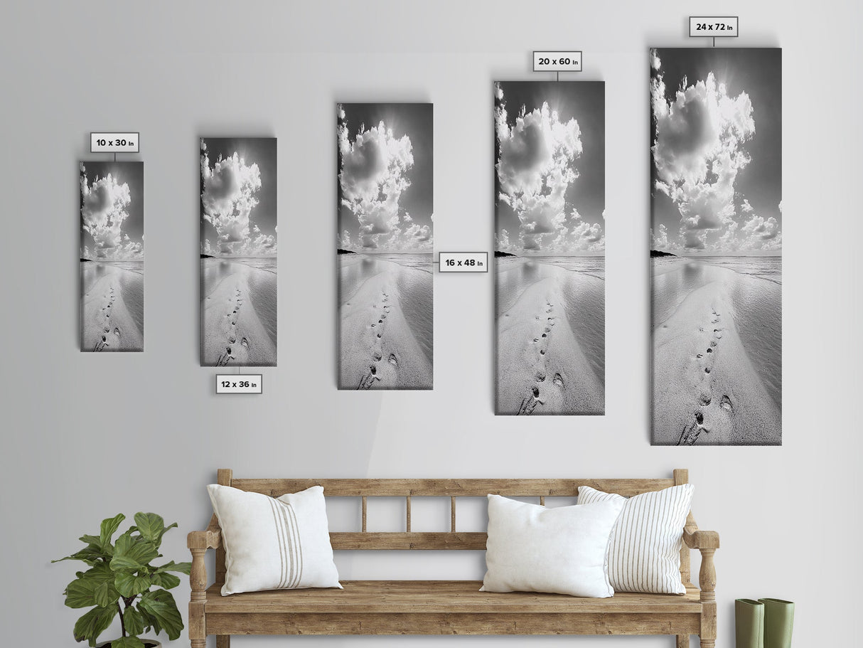 Footprints Beach Path, Ocean Shore Wall Art, Minimalist Seascape Style, Relaxing Bathroom Decor, Framed Canvas Print, Coastal Vibes