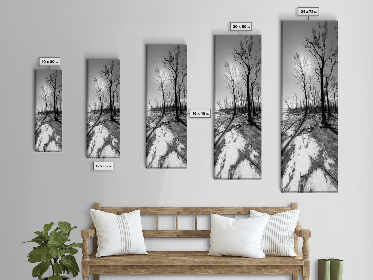 Haunting Tree Silhouettes, Forest Edge, Black White Nature, Desert Trees, Framed Canvas Print, Fall Art, Living Room Wall Art