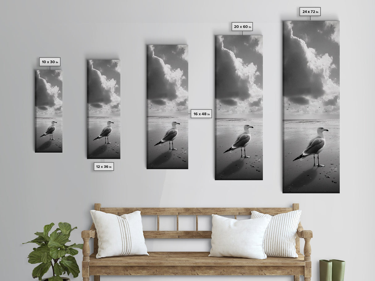 Seagull, Ocean Breeze, Beach Minimalism, Tranquil Shoreline, Seagull Photo Art, Coastal Framed Canvas Print, Bathroom Wall Decor