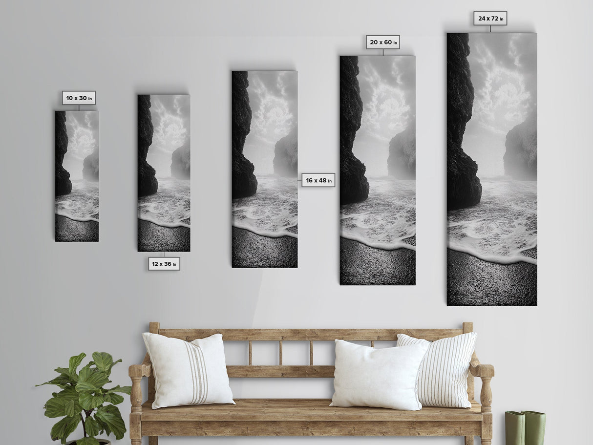 Coastal Rocks, Ocean Mist, Dreamy Seascape, Monochrome Coastline, Nature Photography Canvas Print, Moody Living Room Wall Art