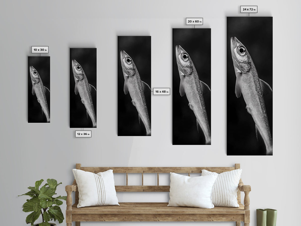 Silver Fish, Minimal Animal, Ocean Catch, Framed Canvas Print, Kitchen Wall Art, Nature Inspired Decor, Monochrome Sea Life