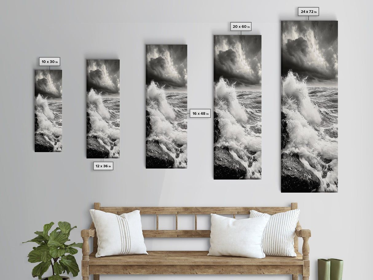 Stormy Sea, Crashing Waves, Ocean Fury, Nature Power Framed Canvas Print, Moody Living Room Wall Art, Dramatic Coastal Decor, Office Art