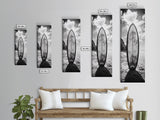 Surfboard Vertical, Sandy Beach, Coastal Rocks, Ocean Horizon, Framed Canvas Print, Surf Art, Dorm Room Decor, Tropical Vibe